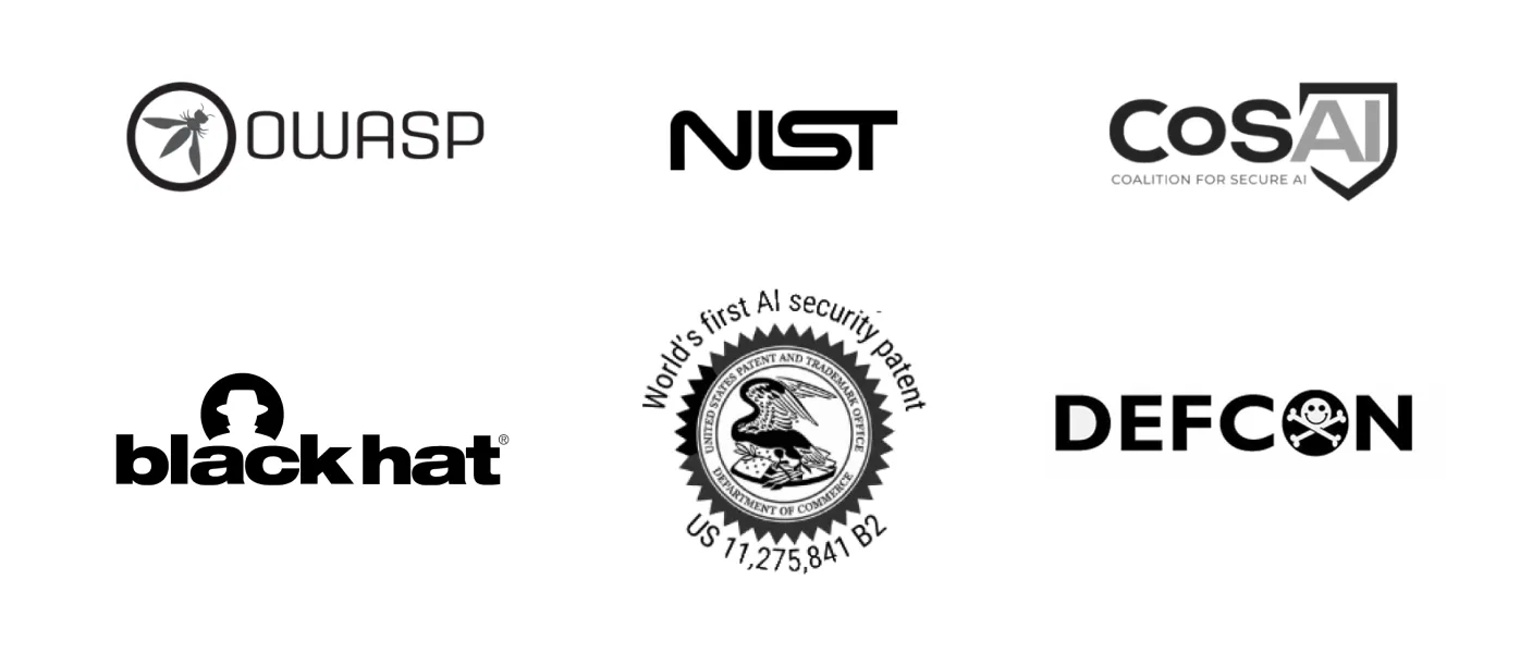 Research and standards logos: OWASP, NIST, CoSAI, Black Hat, a US AI Security Institute mark, and DEF CON